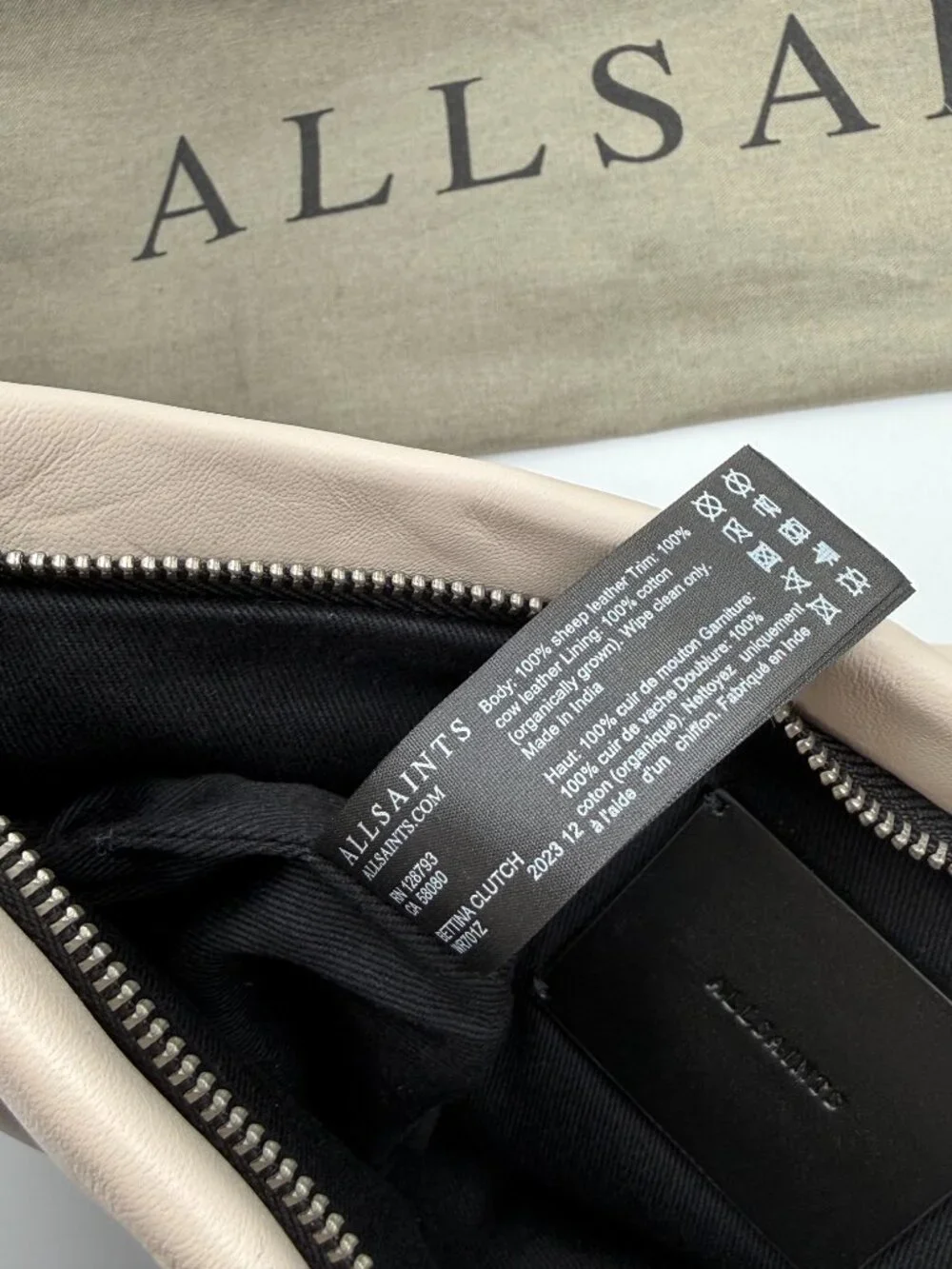 AllSaints Bettina Leather Clutch Desert White W613XD with Dust Bag,NWT $159 MSRP